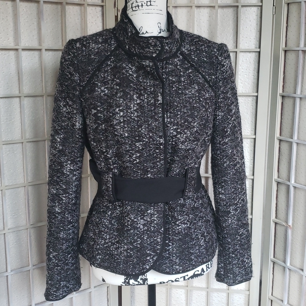Sandro sportwear black and gray tweed button down jacket with fabric tie…